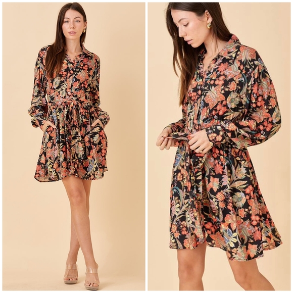 Polagram Dresses & Skirts - FEW LEFT❗️POLAGRAM Black Floral Long Sleeves Short Dress
